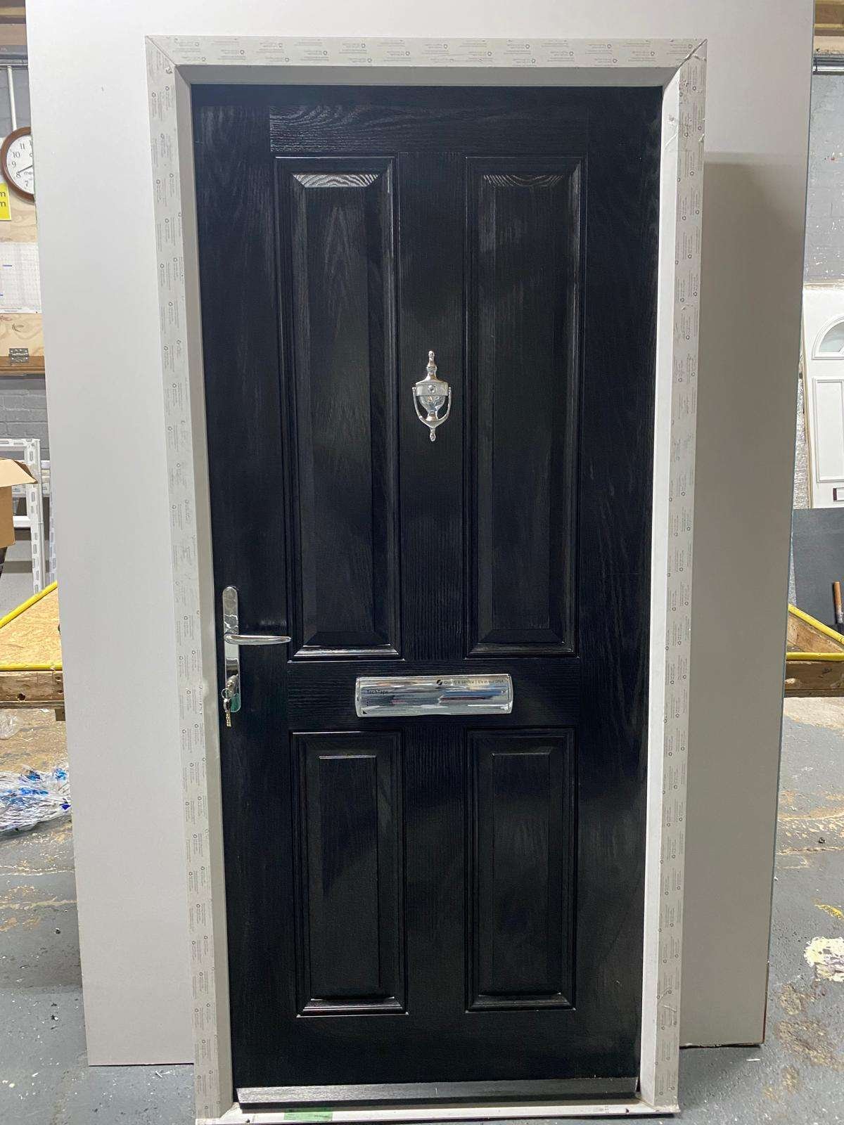 Black external on White internal composite door with chrome handles and letterplate